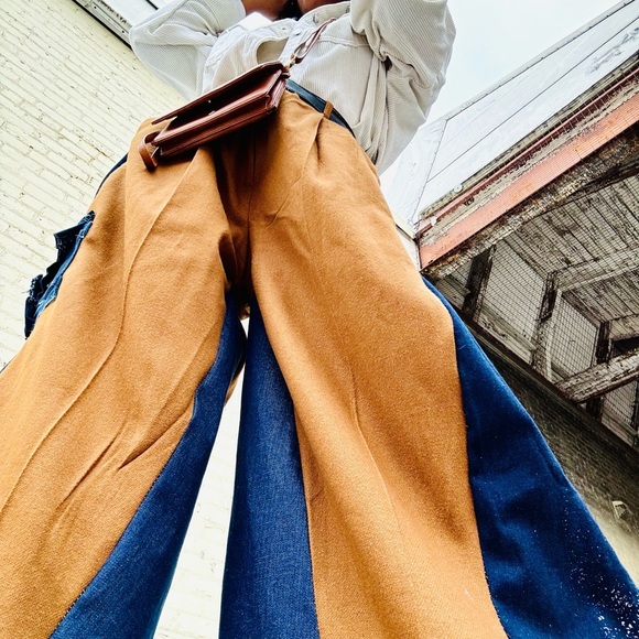 Denim and tan patchwork trousers size large - Picture 3 of 6